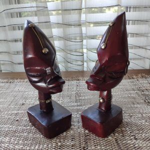 African Hand Carved Wood Bust Statues Male/Female